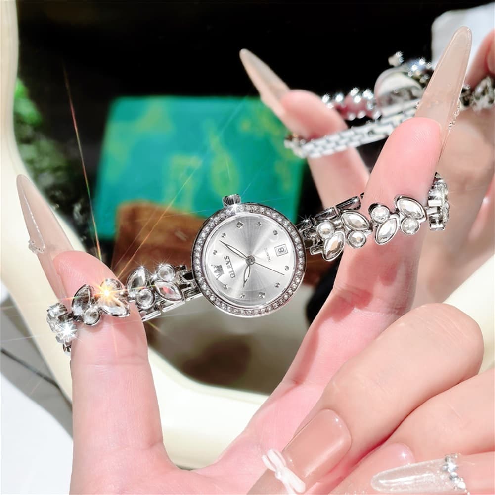 OLEVS 5679 Crystal Cluster Bracelet Watch Zircon Bezel Date Quartz Jewelry Timepiece for Women - Olevs Watch Store