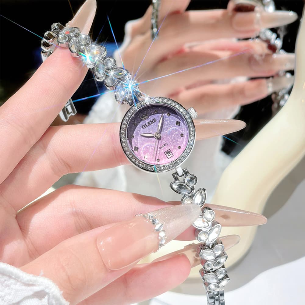 OLEVS 5679 Crystal Cluster Bracelet Watch Zircon Bezel Date Quartz Jewelry Timepiece for Women - Olevs Watch Store