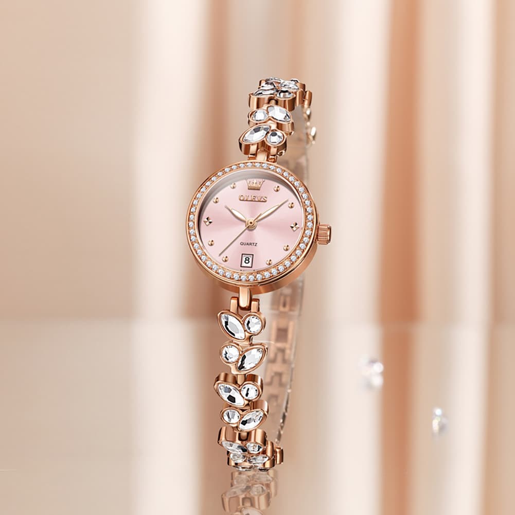 OLEVS 5679 Crystal Cluster Bracelet Watch Zircon Bezel Date Quartz Jewelry Timepiece for Women - Olevs Watch Store
