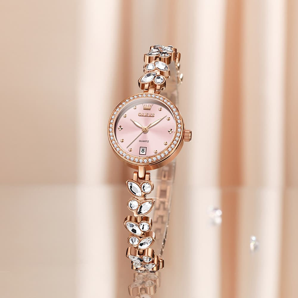 OLEVS 5679 Crystal Cluster Bracelet Watch Zircon Bezel Date Quartz Jewelry Timepiece for Women - Olevs Watch Store