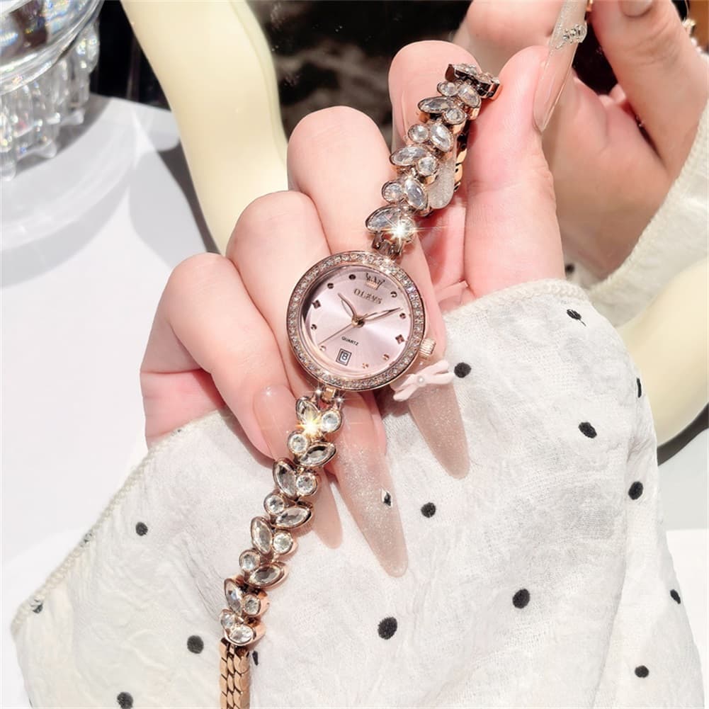 OLEVS 5679 Crystal Cluster Bracelet Watch Zircon Bezel Date Quartz Jewelry Timepiece for Women - Olevs Watch Store