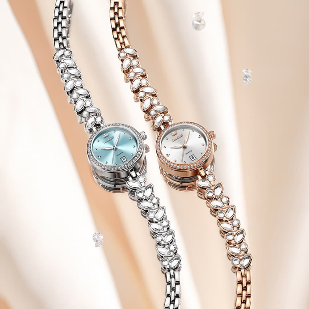 OLEVS 5679 Crystal Cluster Bracelet Watch Zircon Bezel Date Quartz Jewelry Timepiece for Women - Olevs Watch Store