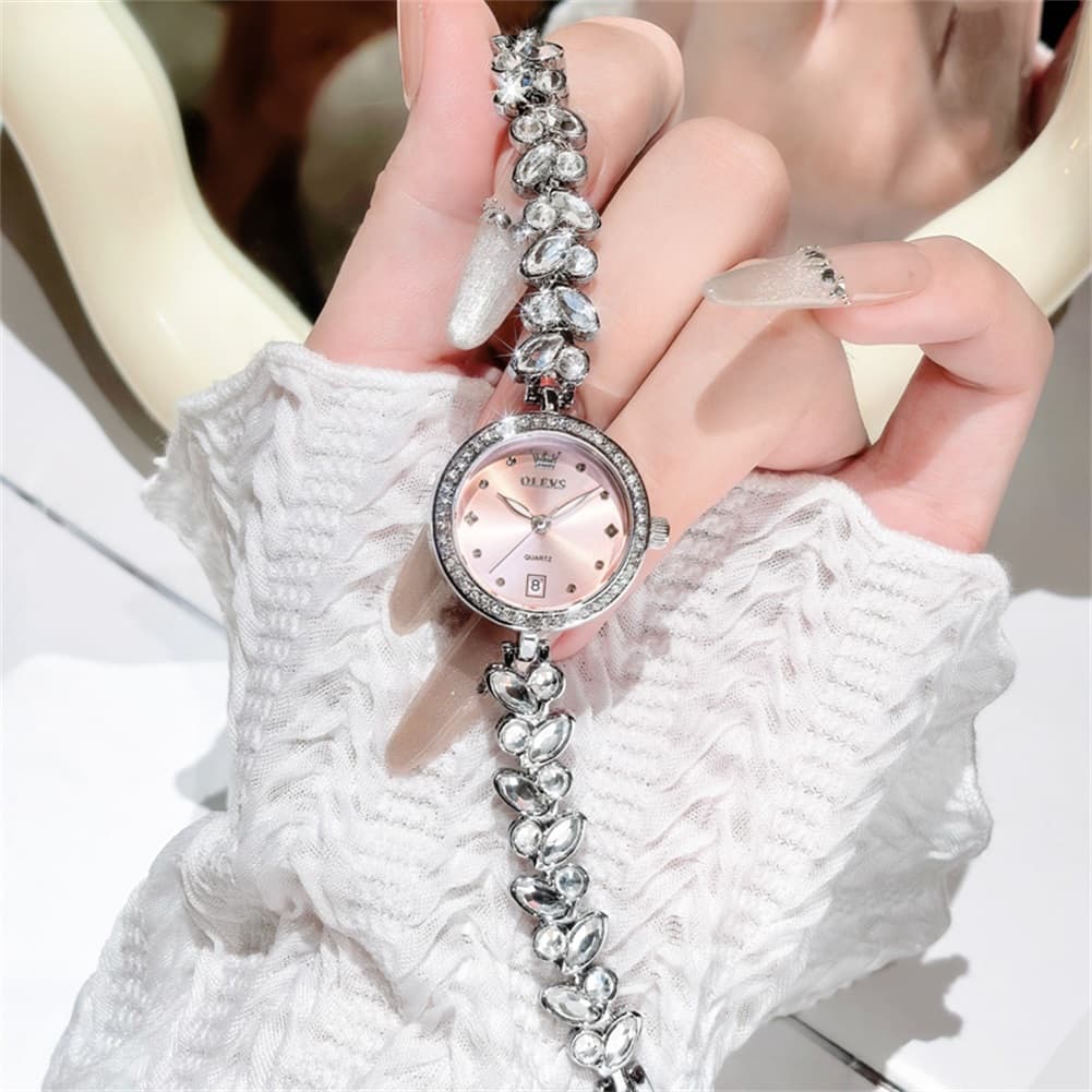 OLEVS 5679 Crystal Cluster Bracelet Watch Zircon Bezel Date Quartz Jewelry Timepiece for Women - Olevs Watch Store