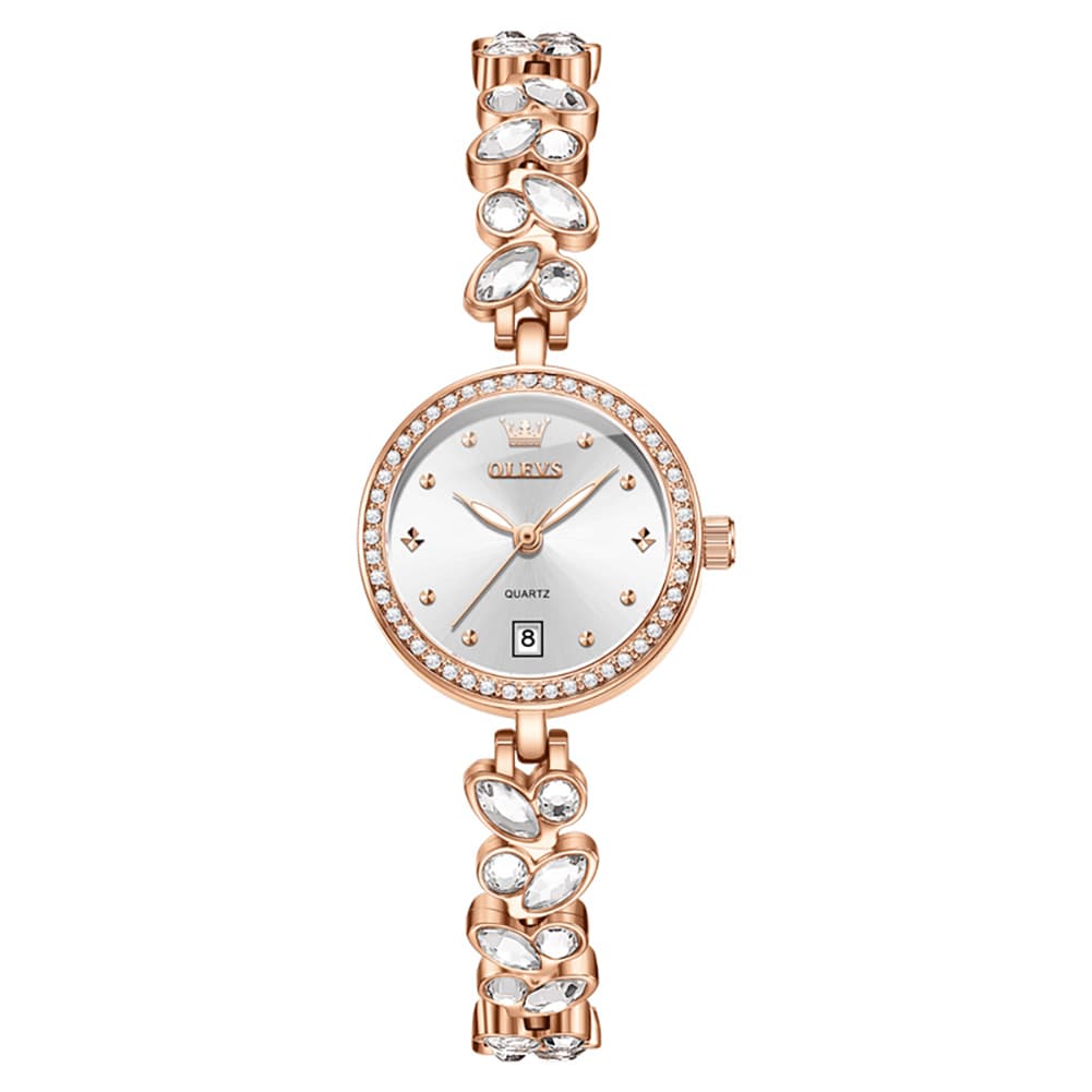 OLEVS 5679 Crystal Cluster Bracelet Watch Zircon Bezel Date Quartz Jewelry Timepiece for Women - Olevs Watch Store