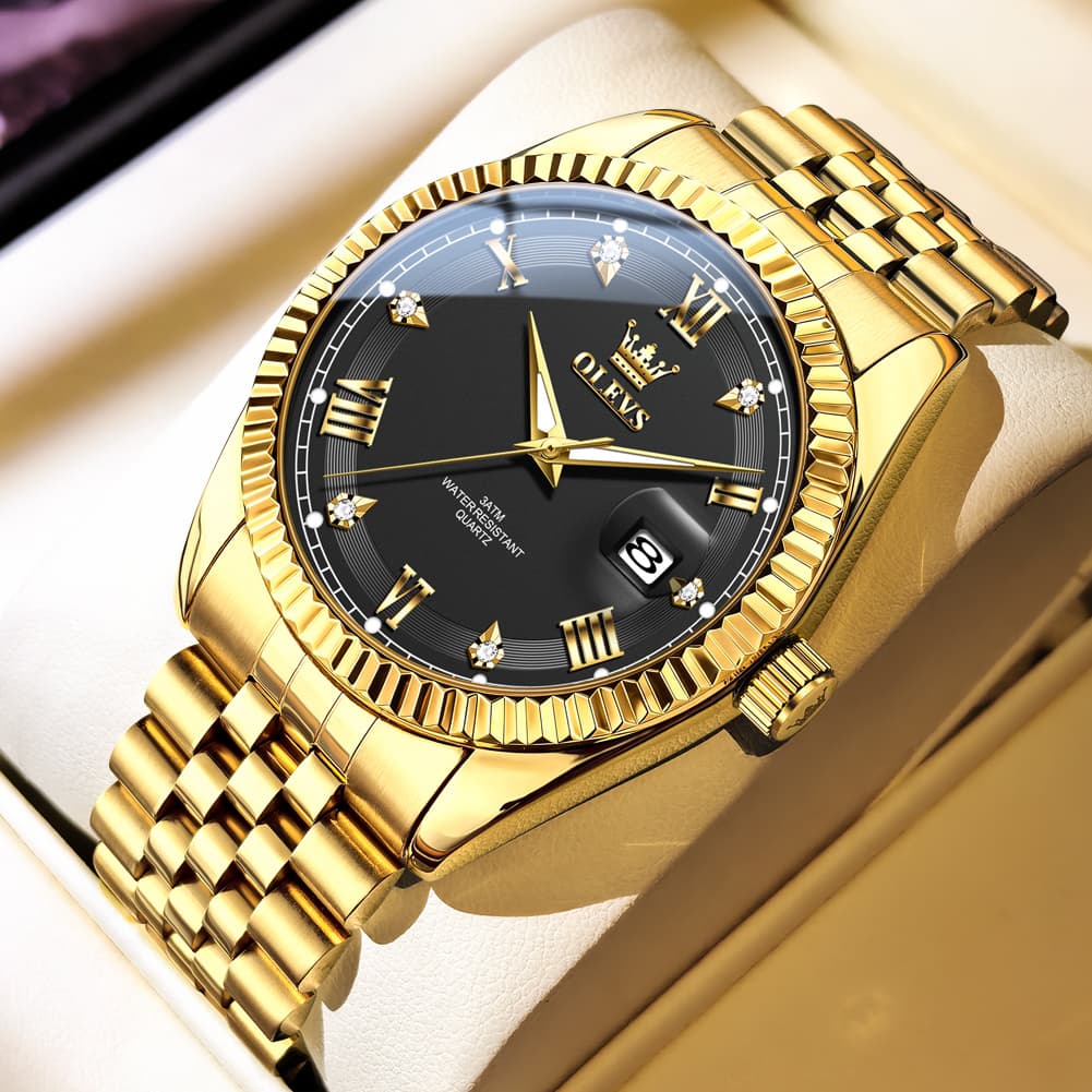 OLEVS 5680 Fluted Bezel Roman Diamond Dial Watch Stainless Steel Jubilee Bracelet Quartz Timepiece for Men -Olevs Watch Store