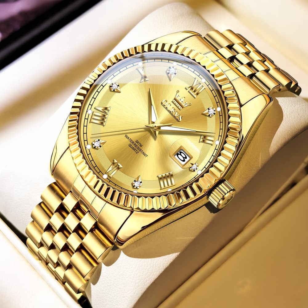 OLEVS 5680 Fluted Bezel Roman Diamond Dial Watch Stainless Steel Jubilee Bracelet Quartz Timepiece for Men -Olevs Watch Store