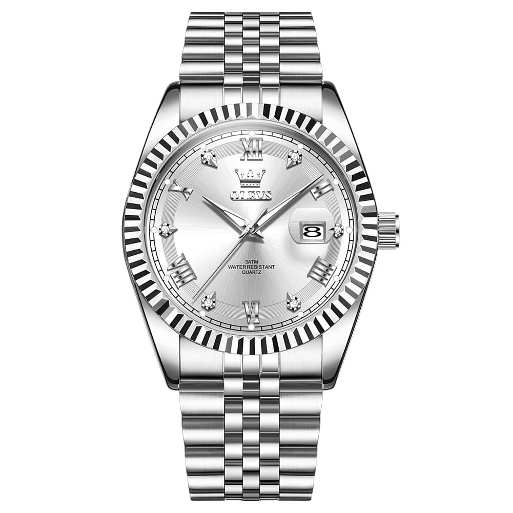 OLEVS 5680 Fluted Bezel Roman Diamond Dial Watch Stainless Steel Jubilee Bracelet Quartz Timepiece for Men -Olevs Watch Store