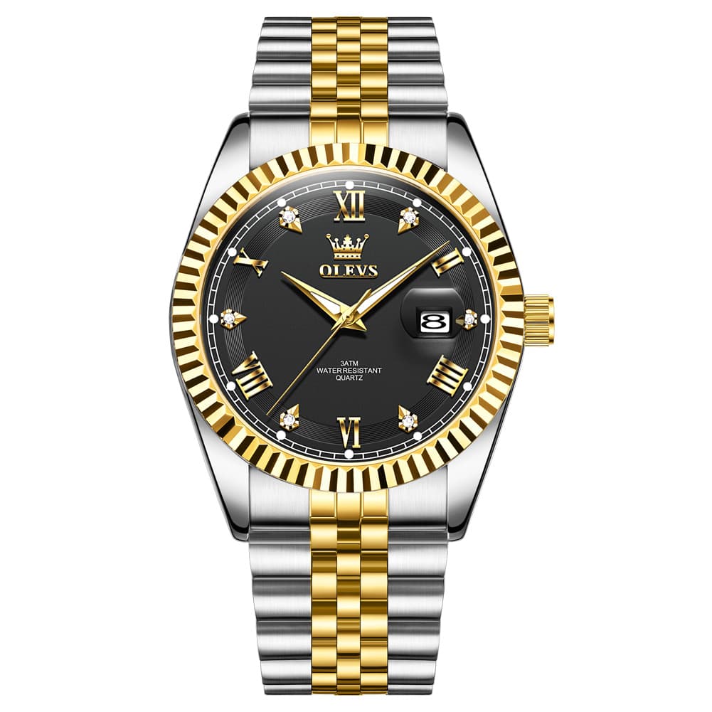 OLEVS 5680 Fluted Bezel Roman Diamond Dial Watch Stainless Steel Jubilee Bracelet Quartz Timepiece for Men -Olevs Watch Store