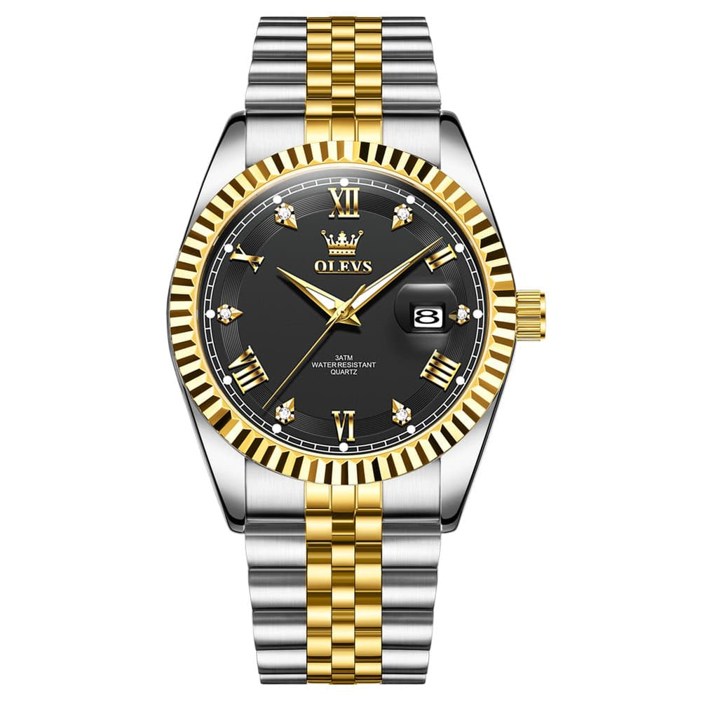 OLEVS 5680 Fluted Bezel Roman Diamond Dial Watch Stainless Steel Jubilee Bracelet Quartz Timepiece for Men -Olevs Watch Store