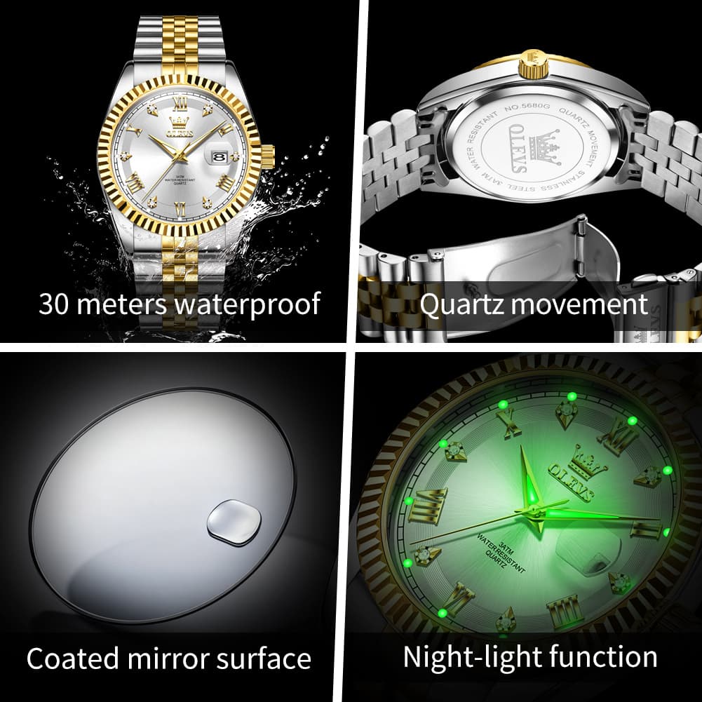 OLEVS 5680 Fluted Bezel Roman Diamond Dial Watch Stainless Steel Jubilee Bracelet Quartz Timepiece for Men -Olevs Watch Store