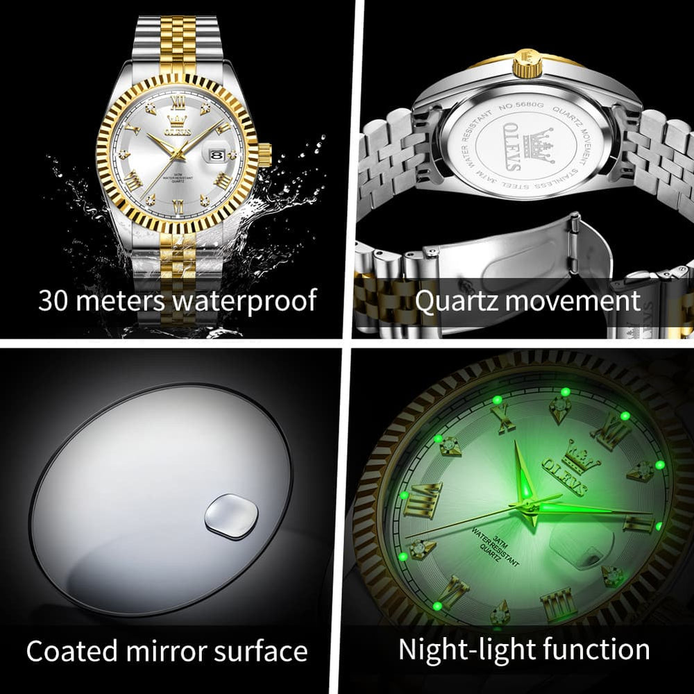 OLEVS 5680 Fluted Bezel Roman Diamond Dial Watch Stainless Steel Jubilee Bracelet Quartz Timepiece for Men -Olevs Watch Store