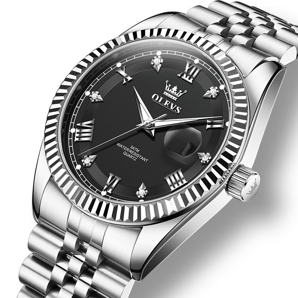 OLEVS 5680 Fluted Bezel Roman Diamond Dial Watch Stainless Steel Jubilee Bracelet Quartz Timepiece for Men -Olevs Watch Store