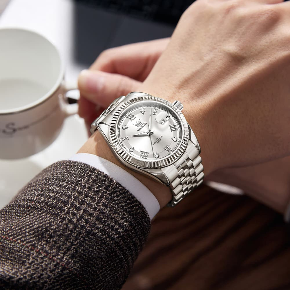 OLEVS 5680 Fluted Bezel Roman Diamond Dial Watch Stainless Steel Jubilee Bracelet Quartz Timepiece for Men -Olevs Watch Store
