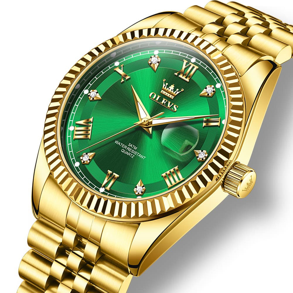 OLEVS 5680 Fluted Bezel Roman Diamond Dial Watch Stainless Steel Jubilee Bracelet Quartz Timepiece for Men -Olevs Watch Store