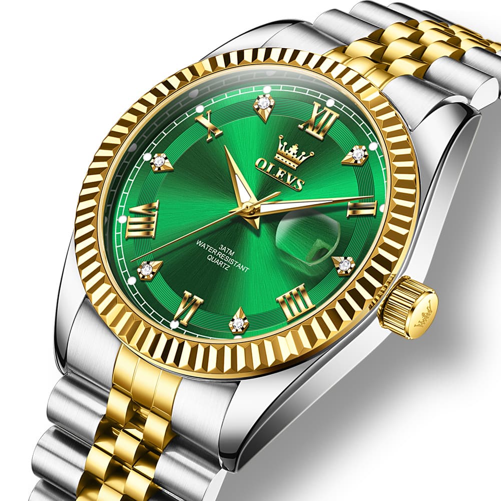 OLEVS 5680 Fluted Bezel Roman Diamond Dial Watch Stainless Steel Jubilee Bracelet Quartz Timepiece for Men -Olevs Watch Store