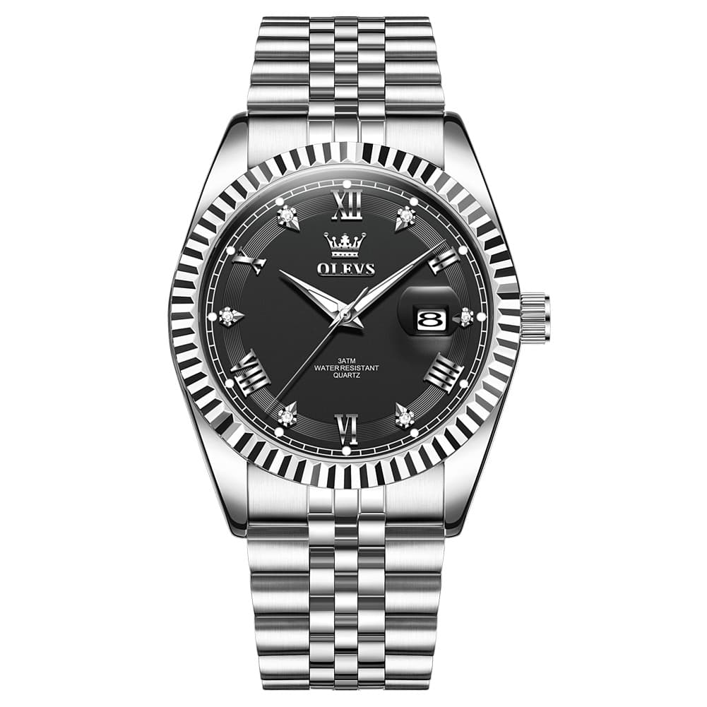 OLEVS 5680 Fluted Bezel Roman Diamond Dial Watch Stainless Steel Jubilee Bracelet Quartz Timepiece for Men -Olevs Watch Store
