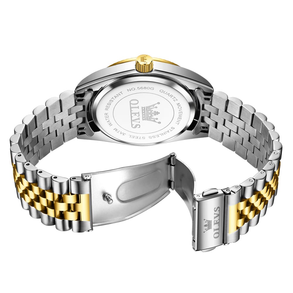 OLEVS 5680 Fluted Bezel Roman Diamond Dial Watch Stainless Steel Jubilee Bracelet Quartz Timepiece for Men -Olevs Watch Store