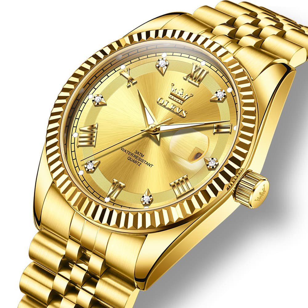 OLEVS 5680 Fluted Bezel Roman Diamond Dial Watch Stainless Steel Jubilee Bracelet Quartz Timepiece for Men -Olevs Watch Store