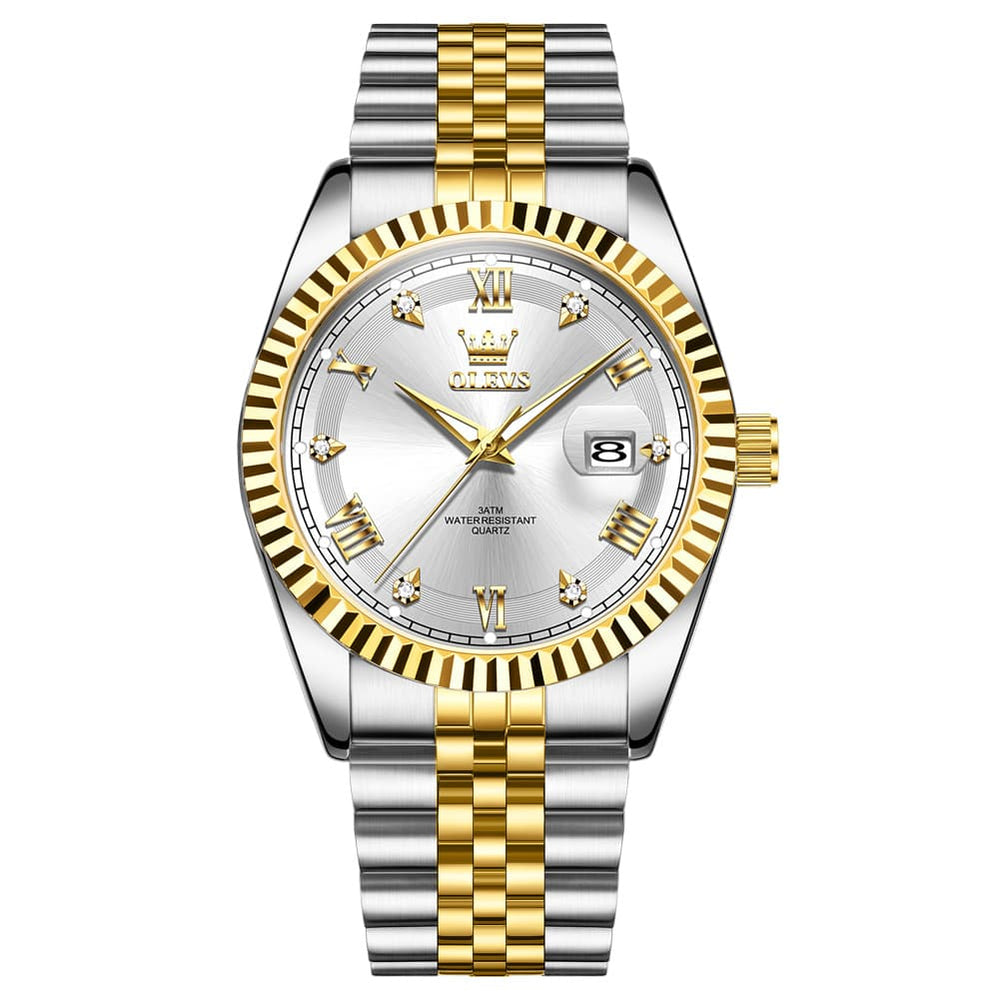 OLEVS 5680 Fluted Bezel Roman Diamond Dial Watch Stainless Steel Jubilee Bracelet Quartz Timepiece for Men -Olevs Watch Store