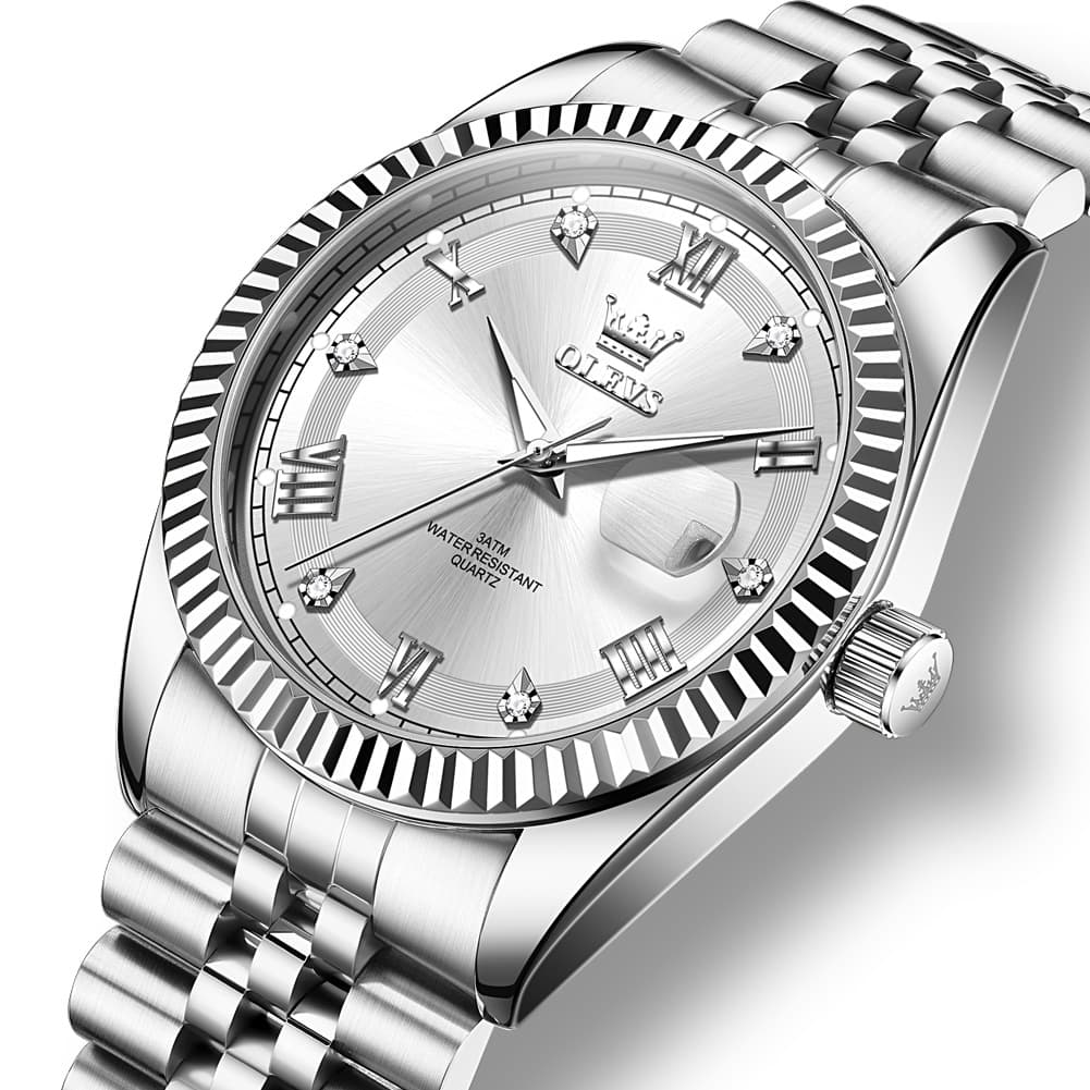 OLEVS 5680 Fluted Bezel Roman Diamond Dial Watch Stainless Steel Jubilee Bracelet Quartz Timepiece for Men -Olevs Watch Store