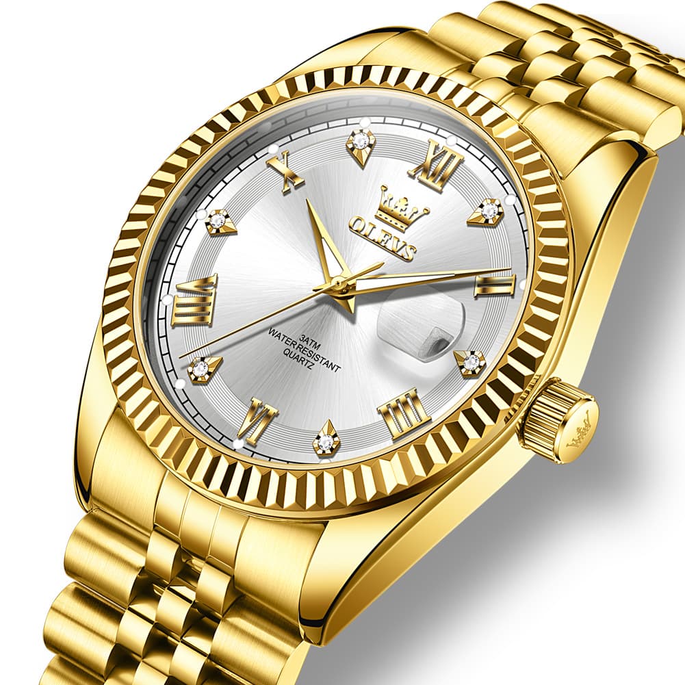 OLEVS 5680 Fluted Bezel Roman Diamond Dial Watch Stainless Steel Jubilee Bracelet Quartz Timepiece for Men -Olevs Watch Store