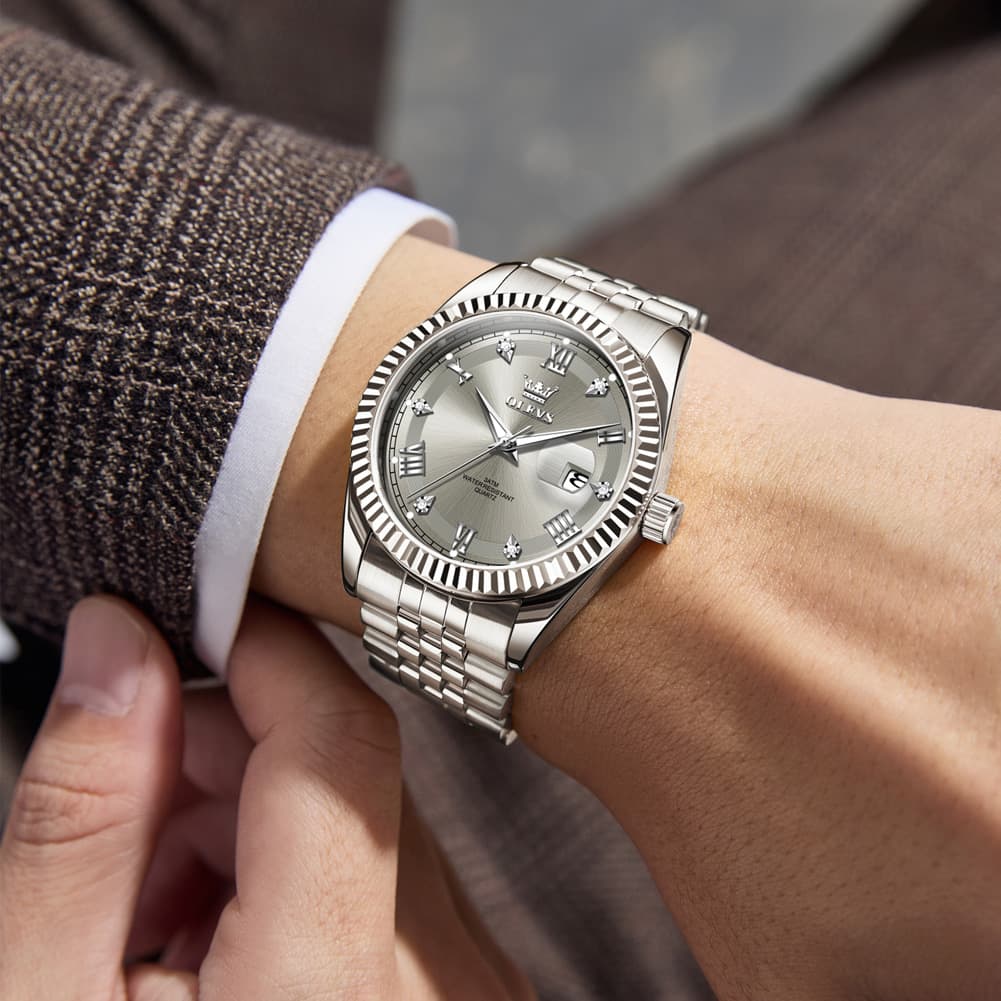 OLEVS 5680 Fluted Bezel Roman Diamond Dial Watch Stainless Steel Jubilee Bracelet Quartz Timepiece for Men -Olevs Watch Store