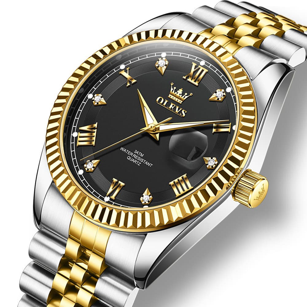 OLEVS 5680 Fluted Bezel Roman Diamond Dial Watch Stainless Steel Jubilee Bracelet Quartz Timepiece for Men -Olevs Watch Store