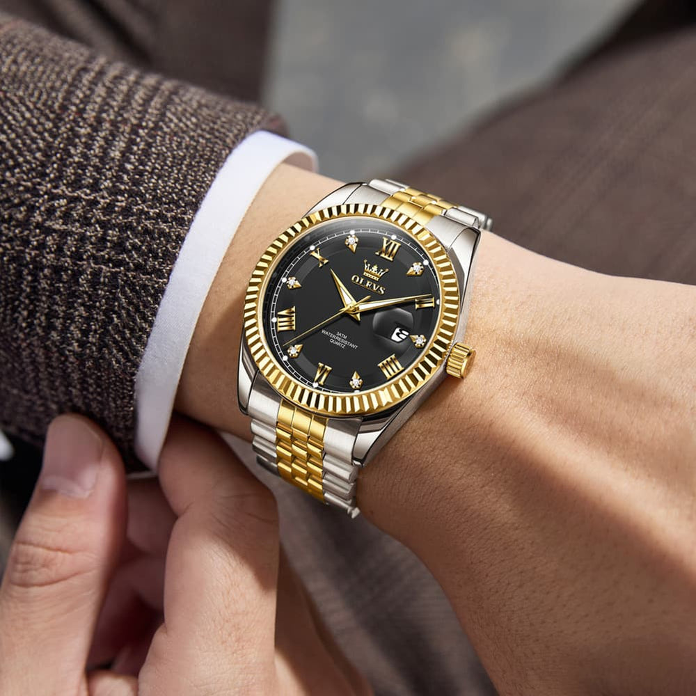 OLEVS 5680 Fluted Bezel Roman Diamond Dial Watch Stainless Steel Jubilee Bracelet Quartz Timepiece for Men -Olevs Watch Store