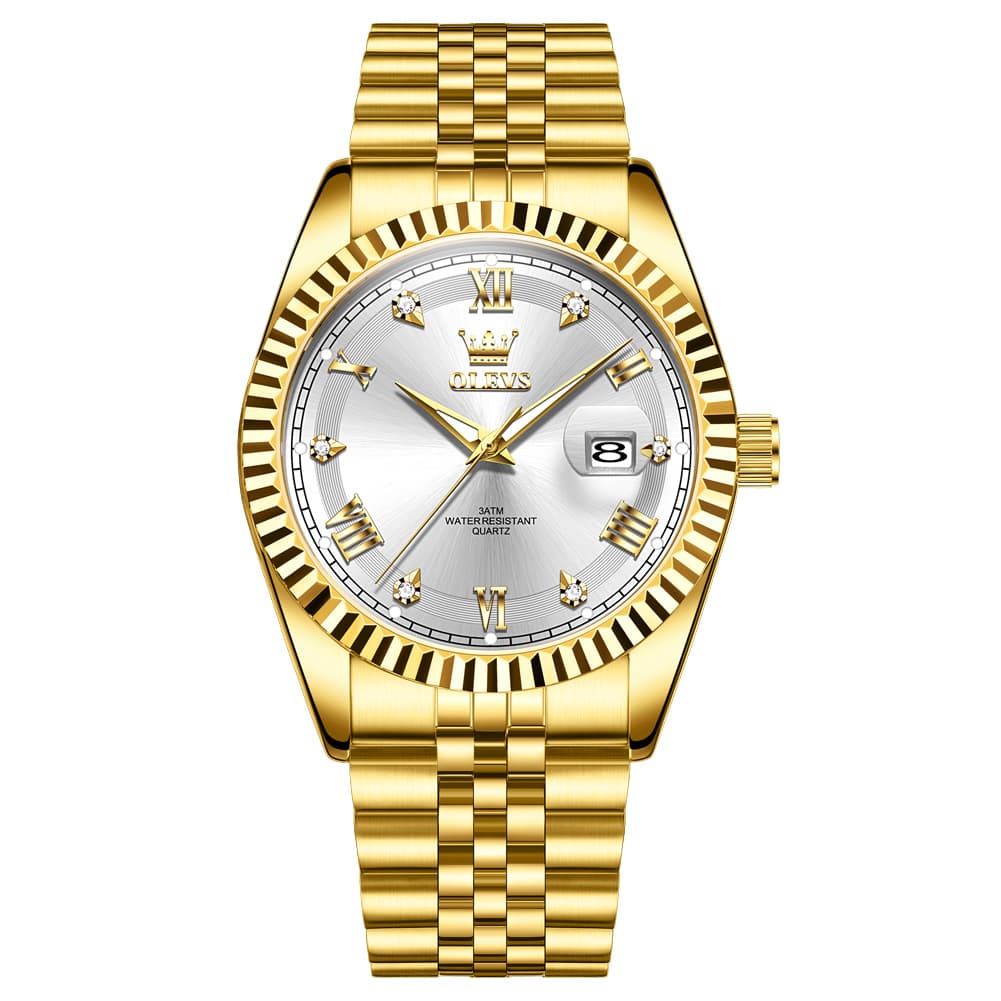 OLEVS 5680 Fluted Bezel Roman Diamond Dial Watch Stainless Steel Jubilee Bracelet Quartz Timepiece for Men -Olevs Watch Store