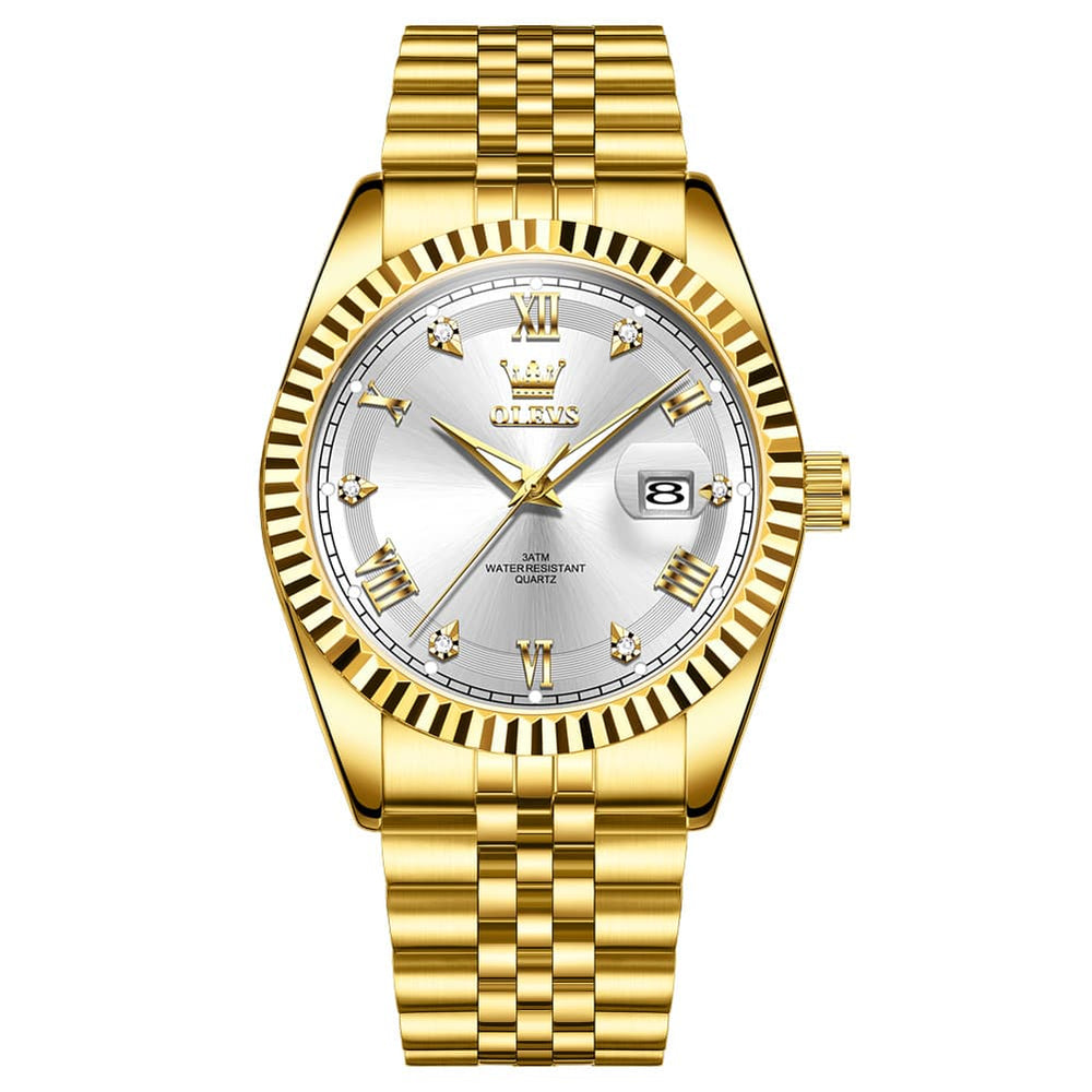 OLEVS 5680 Fluted Bezel Roman Diamond Dial Watch Stainless Steel Jubilee Bracelet Quartz Timepiece for Men -Olevs Watch Store
