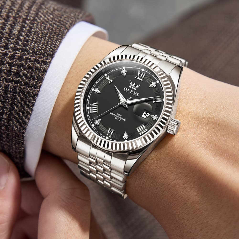 OLEVS 5680 Fluted Bezel Roman Diamond Dial Watch Stainless Steel Jubilee Bracelet Quartz Timepiece for Men -Olevs Watch Store