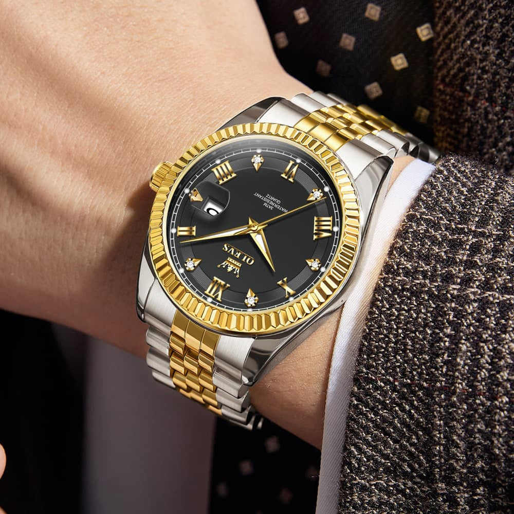 OLEVS 5680 Fluted Bezel Roman Diamond Dial Watch Stainless Steel Jubilee Bracelet Quartz Timepiece for Men -Olevs Watch Store
