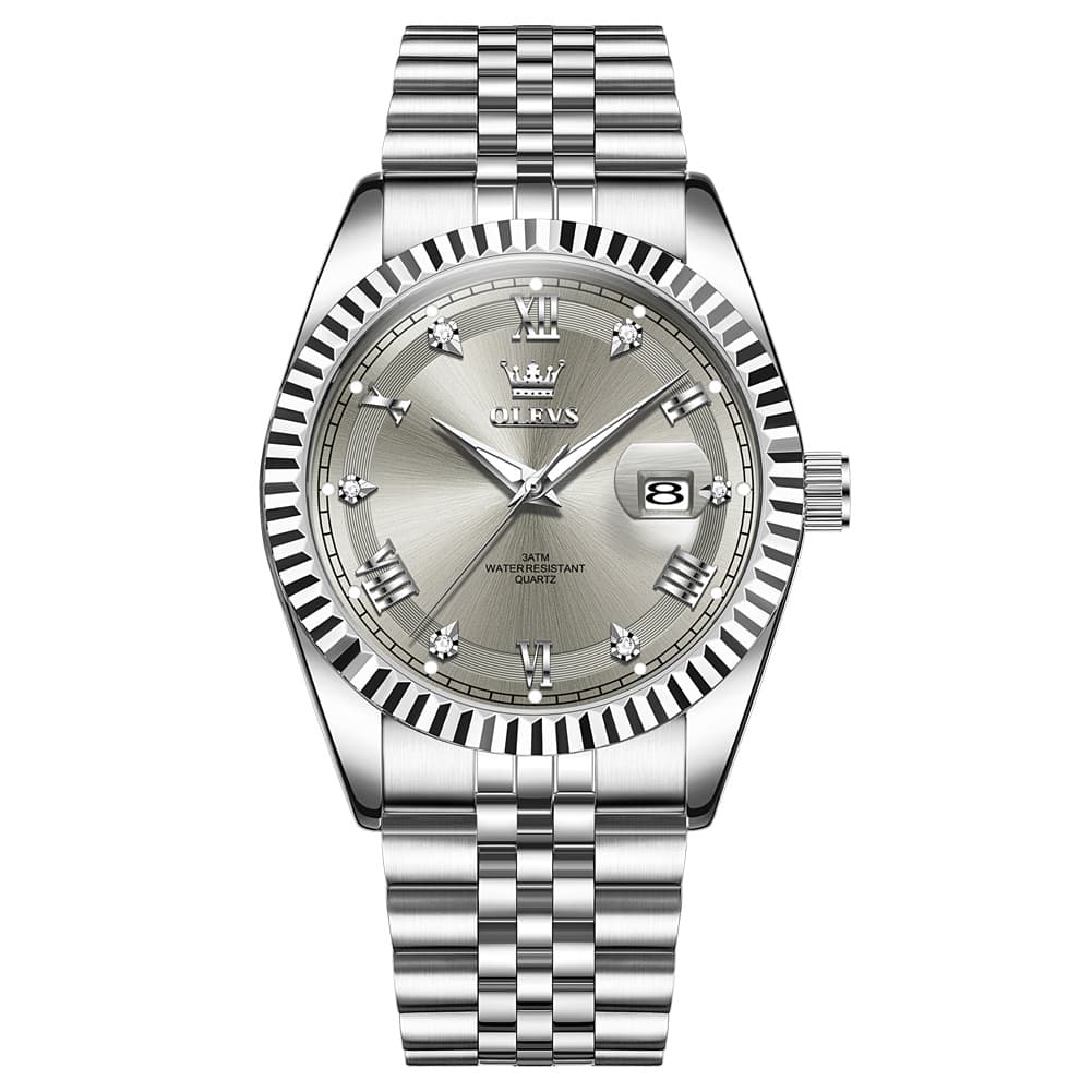 OLEVS 5680 Fluted Bezel Roman Diamond Dial Watch Stainless Steel Jubilee Bracelet Quartz Timepiece for Men -Olevs Watch Store