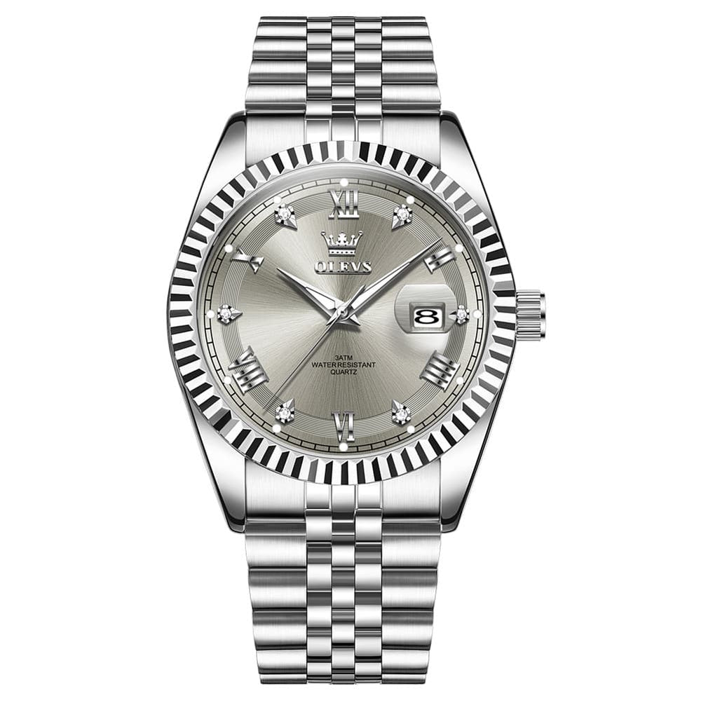 OLEVS 5680 Fluted Bezel Roman Diamond Dial Watch Stainless Steel Jubilee Bracelet Quartz Timepiece for Men -Olevs Watch Store