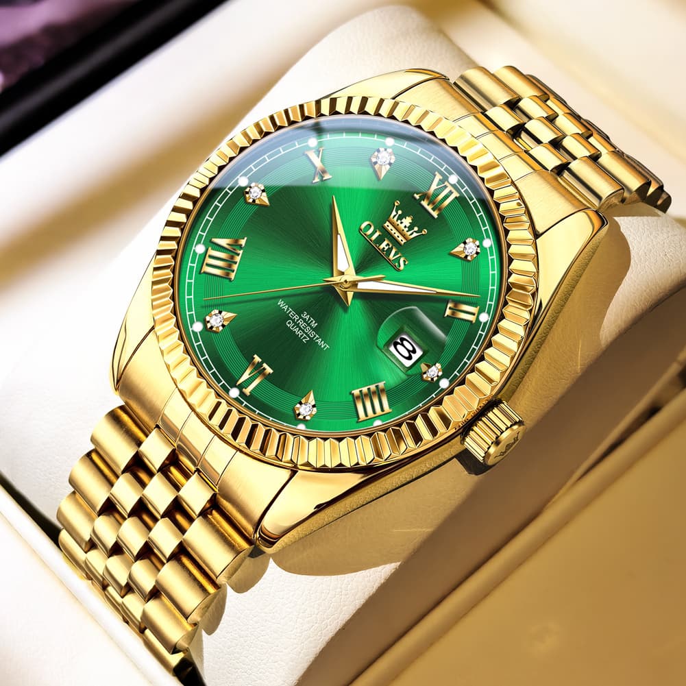 OLEVS 5680 Fluted Bezel Roman Diamond Dial Watch Stainless Steel Jubilee Bracelet Quartz Timepiece for Men -Olevs Watch Store