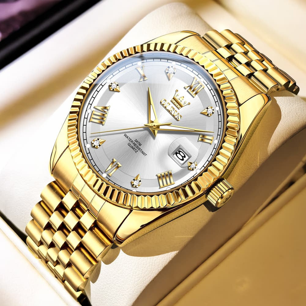 OLEVS 5680 Fluted Bezel Roman Diamond Dial Watch Stainless Steel Jubilee Bracelet Quartz Timepiece for Men -Olevs Watch Store