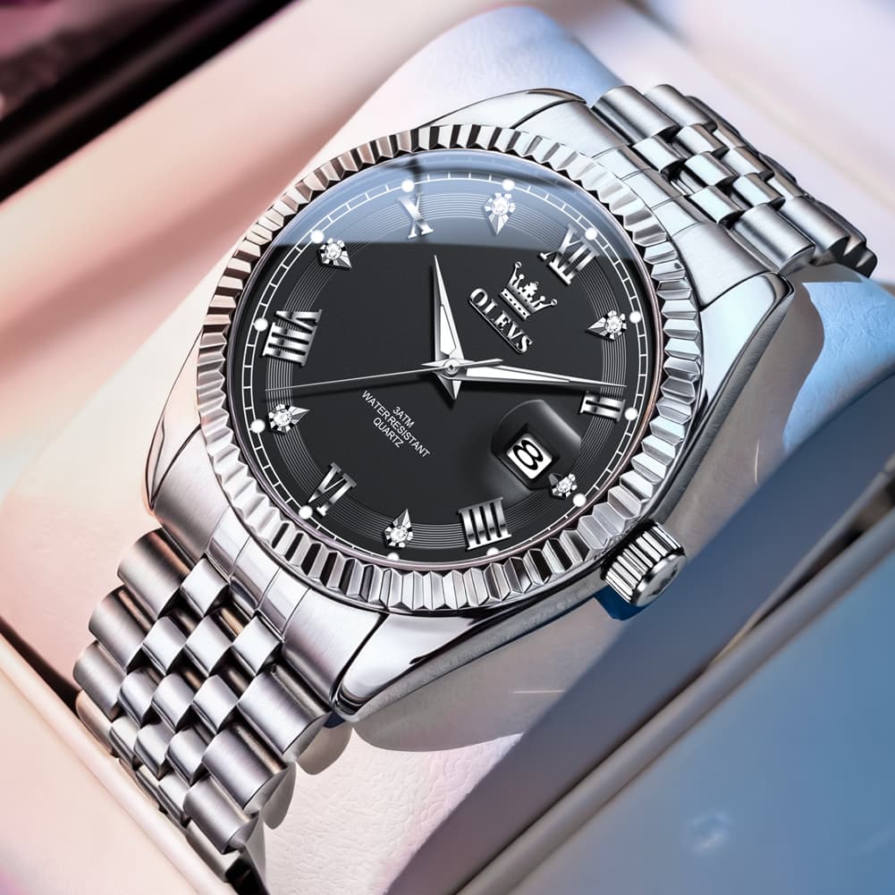 OLEVS 5680 Fluted Bezel Roman Diamond Dial Watch Stainless Steel Jubilee Bracelet Quartz Timepiece for Men -Olevs Watch Store
