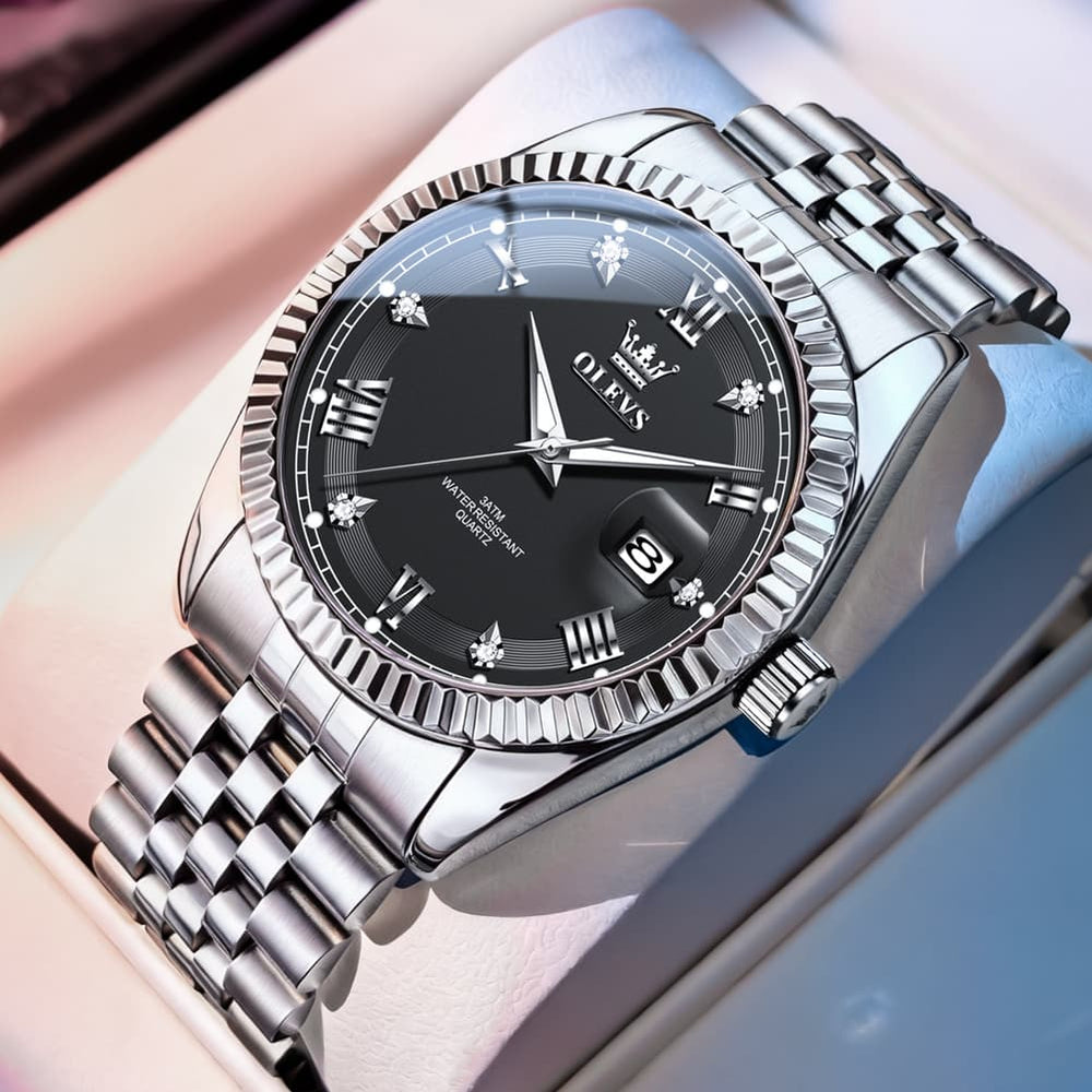 OLEVS 5680 Fluted Bezel Roman Diamond Dial Watch Stainless Steel Jubilee Bracelet Quartz Timepiece for Men -Olevs Watch Store