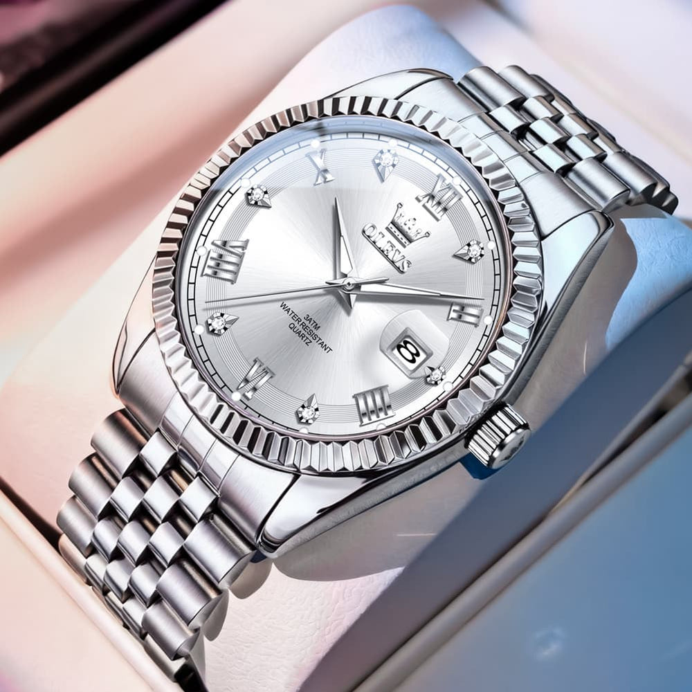 OLEVS 5680 Fluted Bezel Roman Diamond Dial Watch Stainless Steel Jubilee Bracelet Quartz Timepiece for Men -Olevs Watch Store