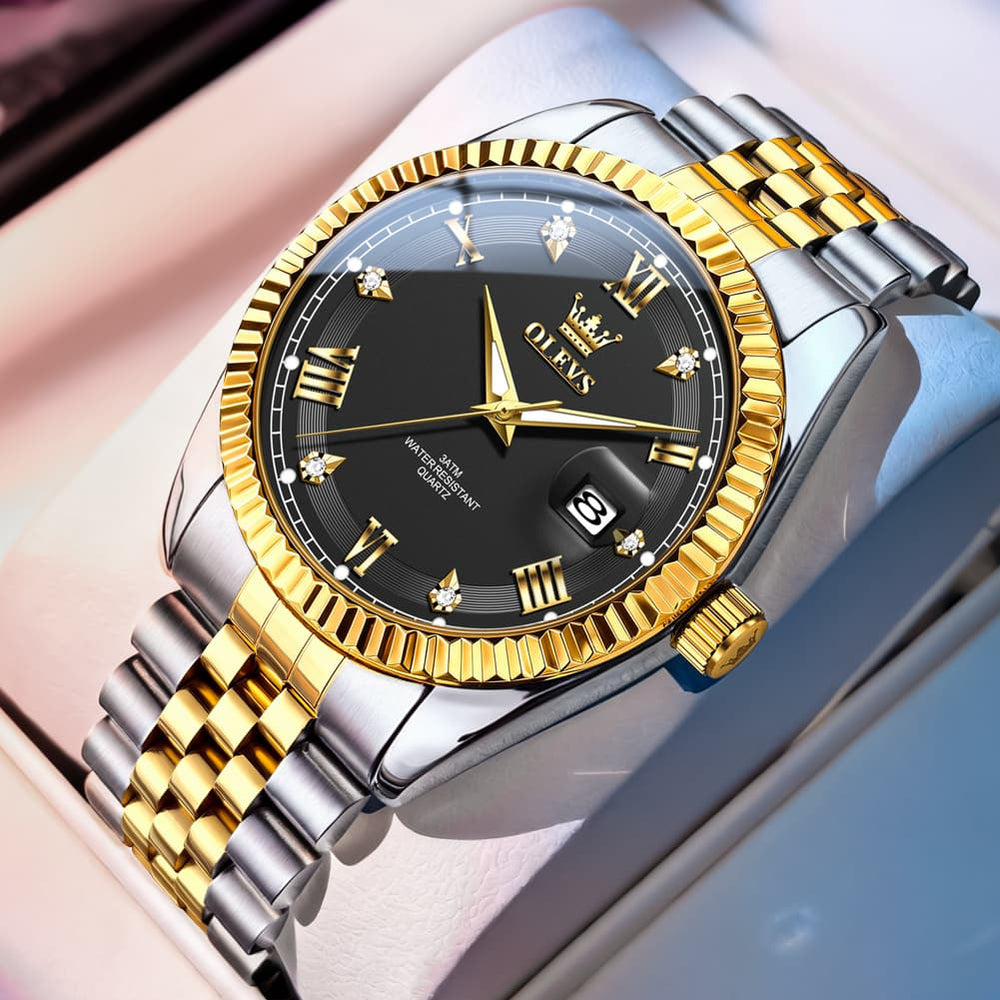 OLEVS 5680 Fluted Bezel Roman Diamond Dial Watch Stainless Steel Jubilee Bracelet Quartz Timepiece for Men -Olevs Watch Store