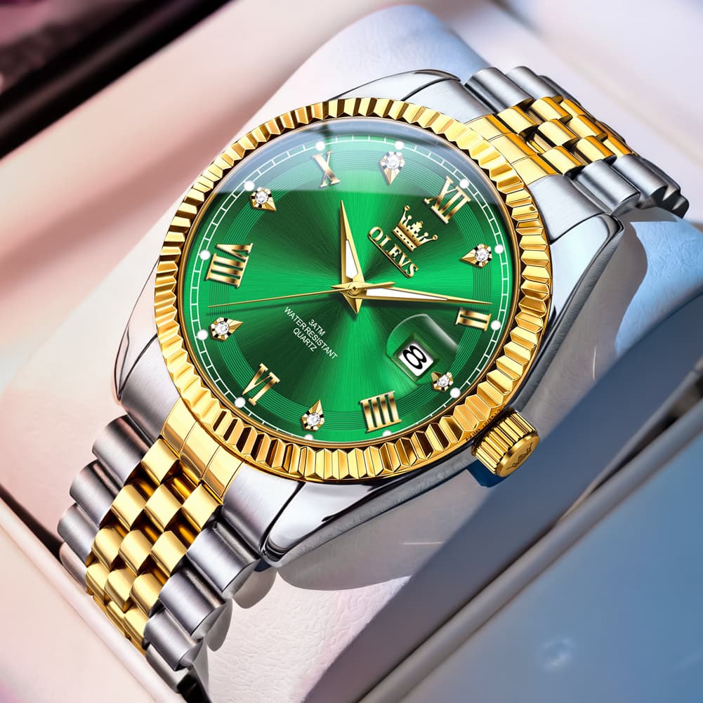 OLEVS 5680 Fluted Bezel Roman Diamond Dial Watch Stainless Steel Jubilee Bracelet Quartz Timepiece for Men -Olevs Watch Store