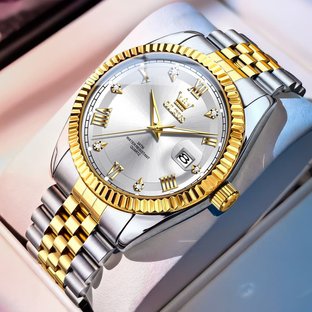 OLEVS 5680 Fluted Bezel Roman Diamond Dial Watch Stainless Steel Jubilee Bracelet Quartz Timepiece for Men -Olevs Watch Store