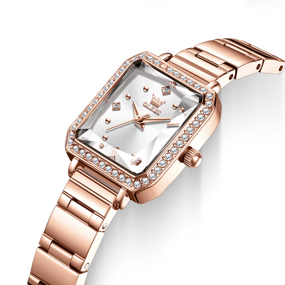 OLEVS 5688 Beveled Edge Crystal Rectangular Watch Diamond Bezel Stainless Steel Quartz Timepiece for Women -Olevs Watch Store