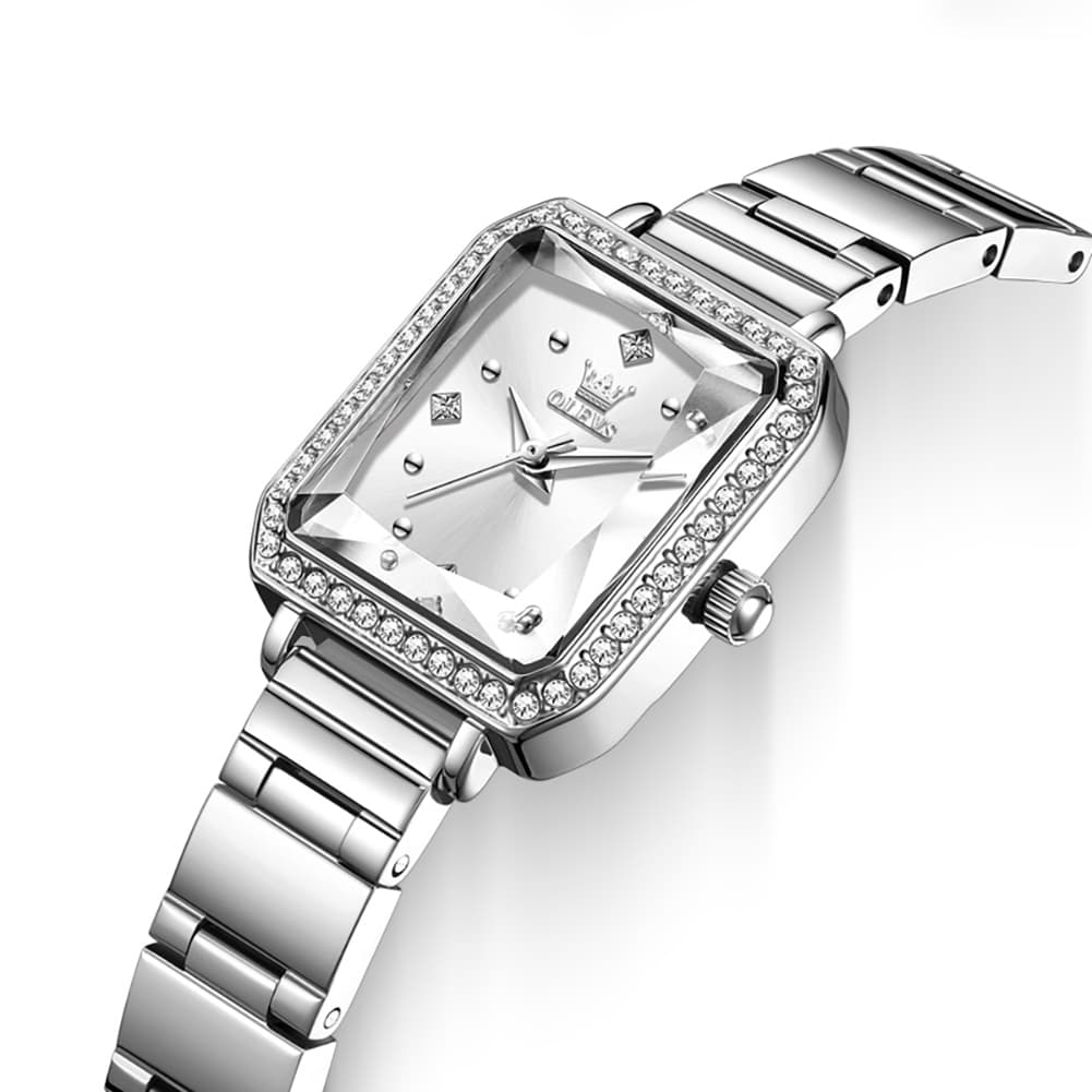 OLEVS 5688 Beveled Edge Crystal Rectangular Watch Diamond Bezel Stainless Steel Quartz Timepiece for Women -Olevs Watch Store