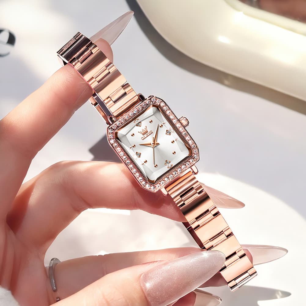 OLEVS 5688 Beveled Edge Crystal Rectangular Watch Diamond Bezel Stainless Steel Quartz Timepiece for Women -Olevs Watch Store
