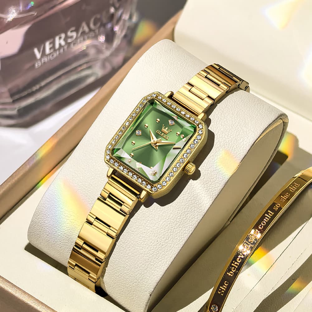 OLEVS 5688 Beveled Edge Crystal Rectangular Watch Diamond Bezel Stainless Steel Quartz Timepiece for Women -Olevs Watch Store