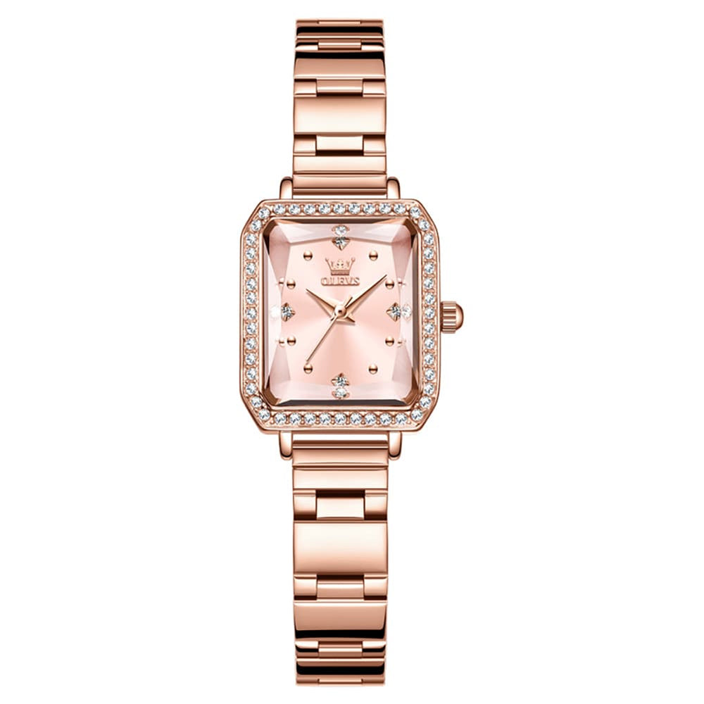 OLEVS 5688 Beveled Edge Crystal Rectangular Watch Diamond Bezel Stainless Steel Quartz Timepiece for Women -Olevs Watch Store