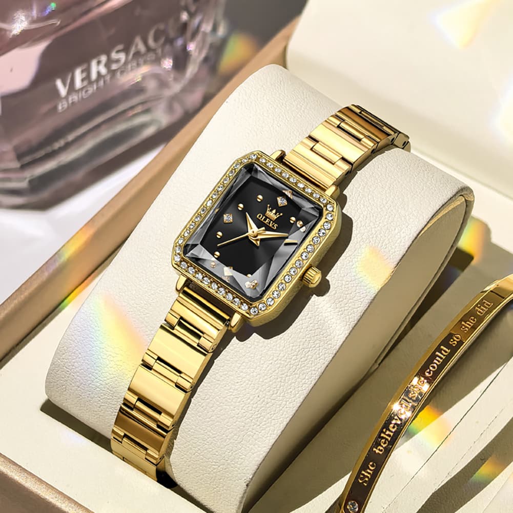 OLEVS 5688 Beveled Edge Crystal Rectangular Watch Diamond Bezel Stainless Steel Quartz Timepiece for Women -Olevs Watch Store