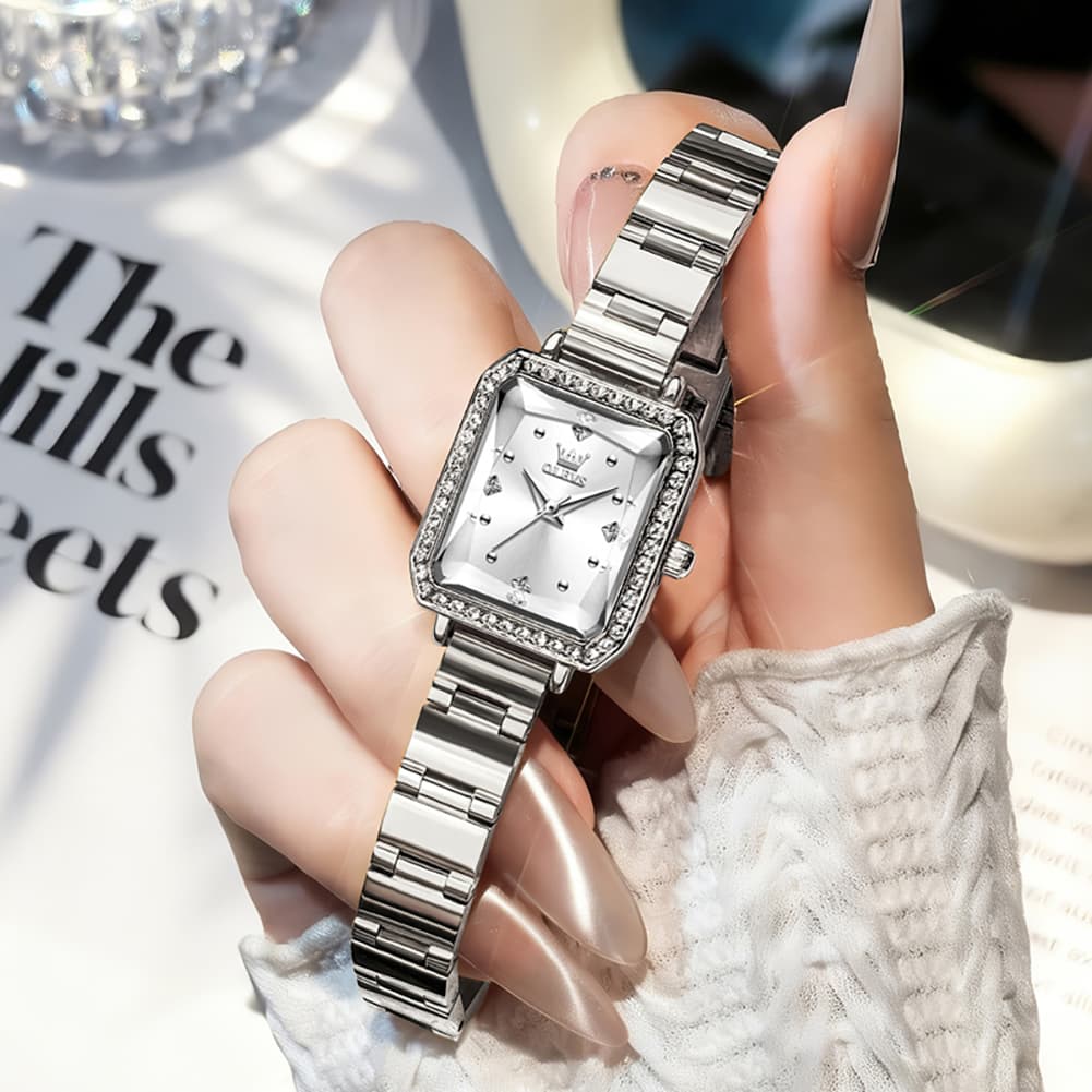 OLEVS 5688 Beveled Edge Crystal Rectangular Watch Diamond Bezel Stainless Steel Quartz Timepiece for Women -Olevs Watch Store