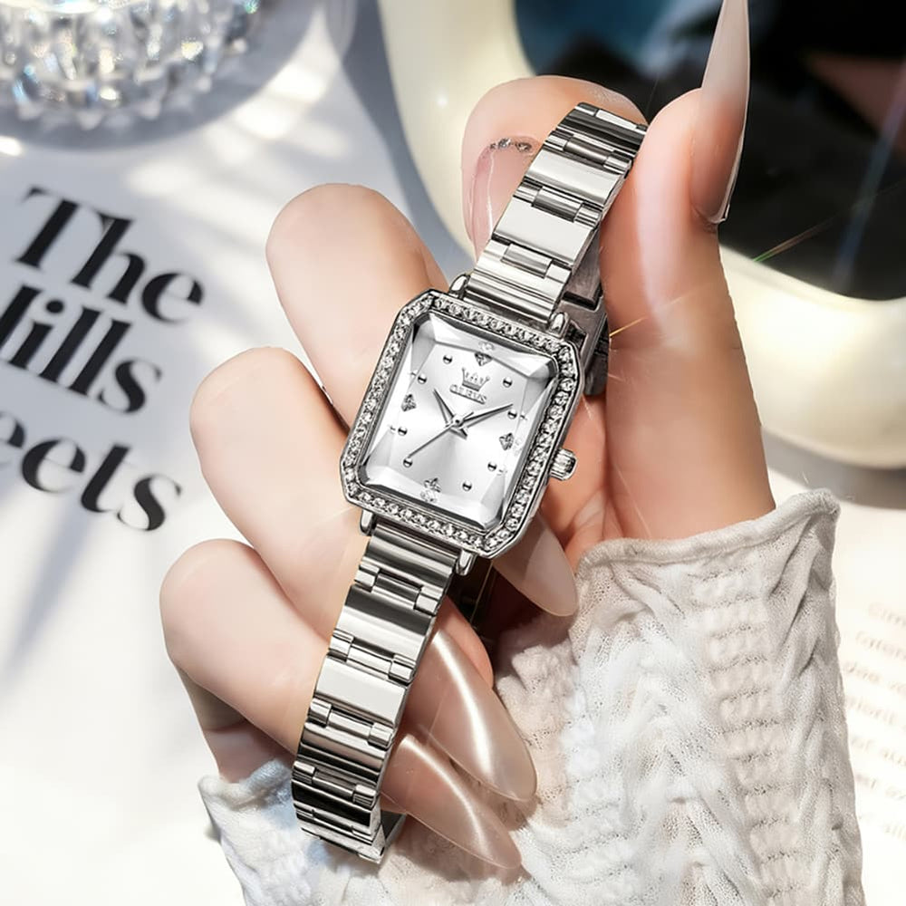 OLEVS 5688 Beveled Edge Crystal Rectangular Watch Diamond Bezel Stainless Steel Quartz Timepiece for Women -Olevs Watch Store